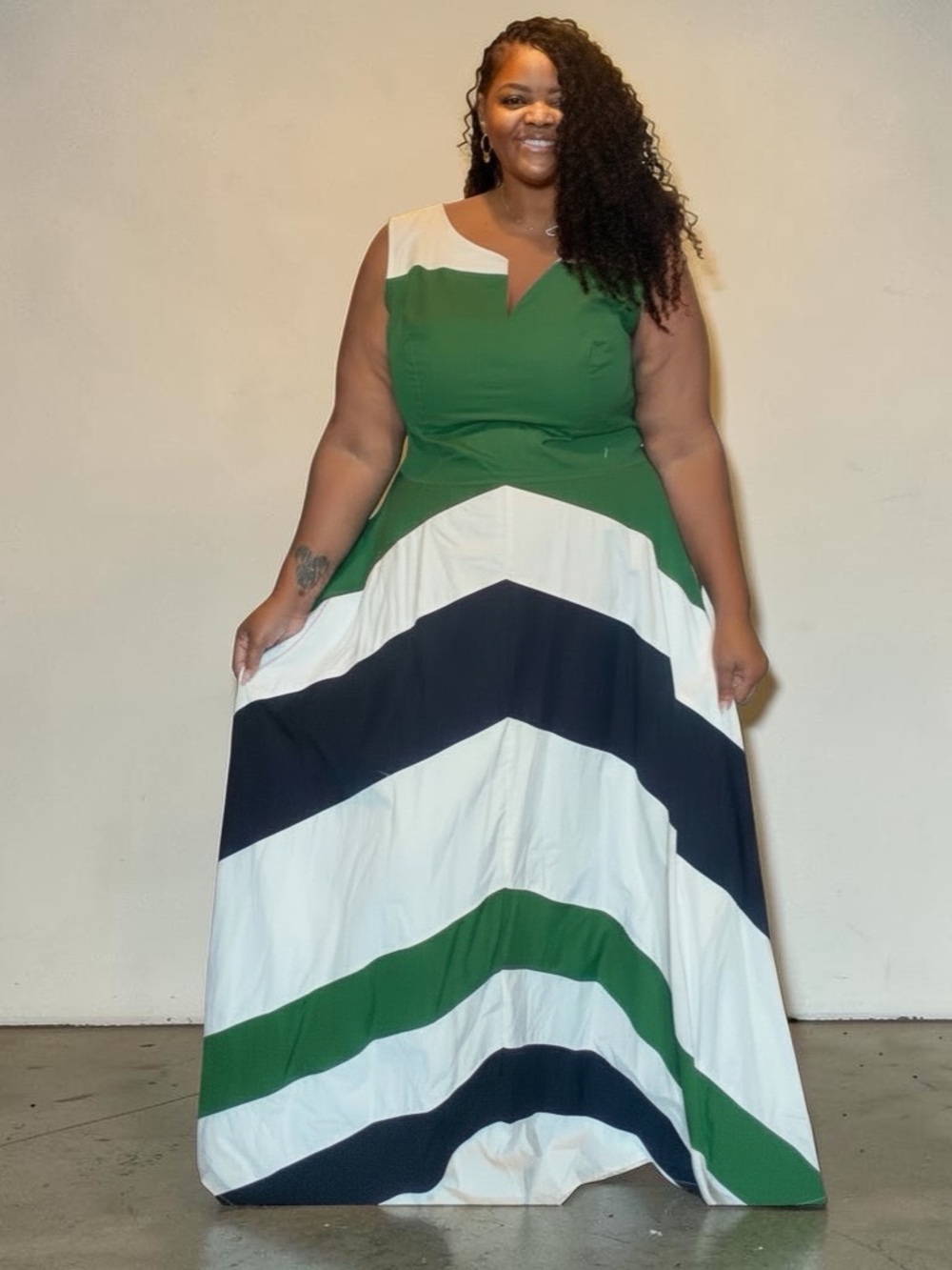 Custom Green and White Chevron Maxi Dress - Sleeveless Plus Size